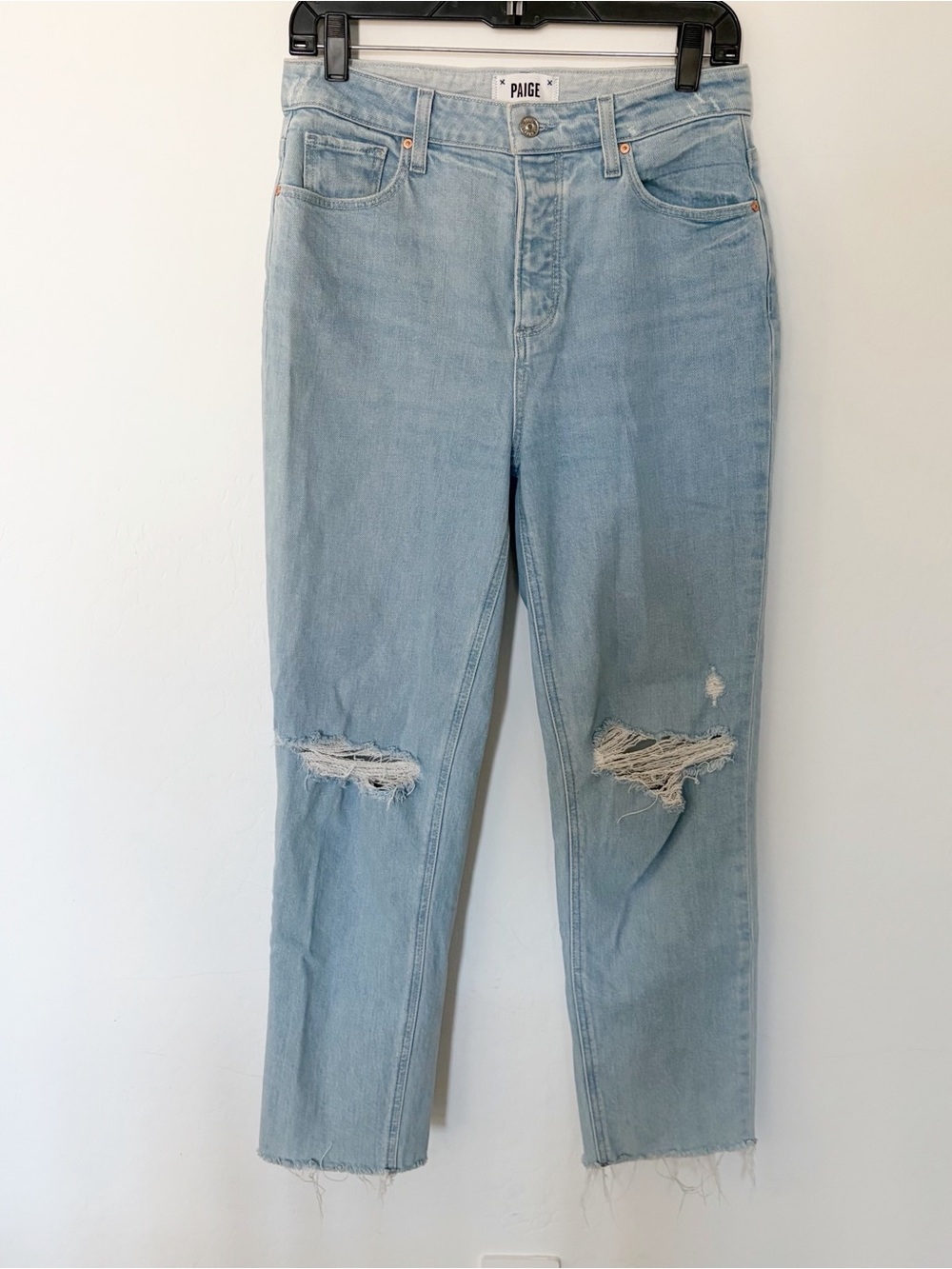 Paige Sarah Straight Ankle Distressed Raw Hem in Crash Destructed Wash Jeans 29
